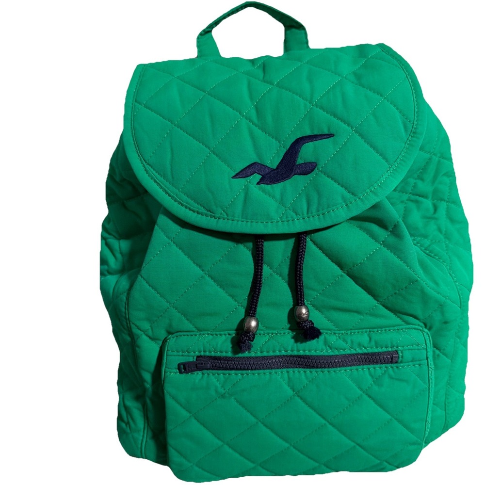 NWT Hollister Y2K Vintage Retro 00's Green Quilted Drawstring Backpack Blue Logo